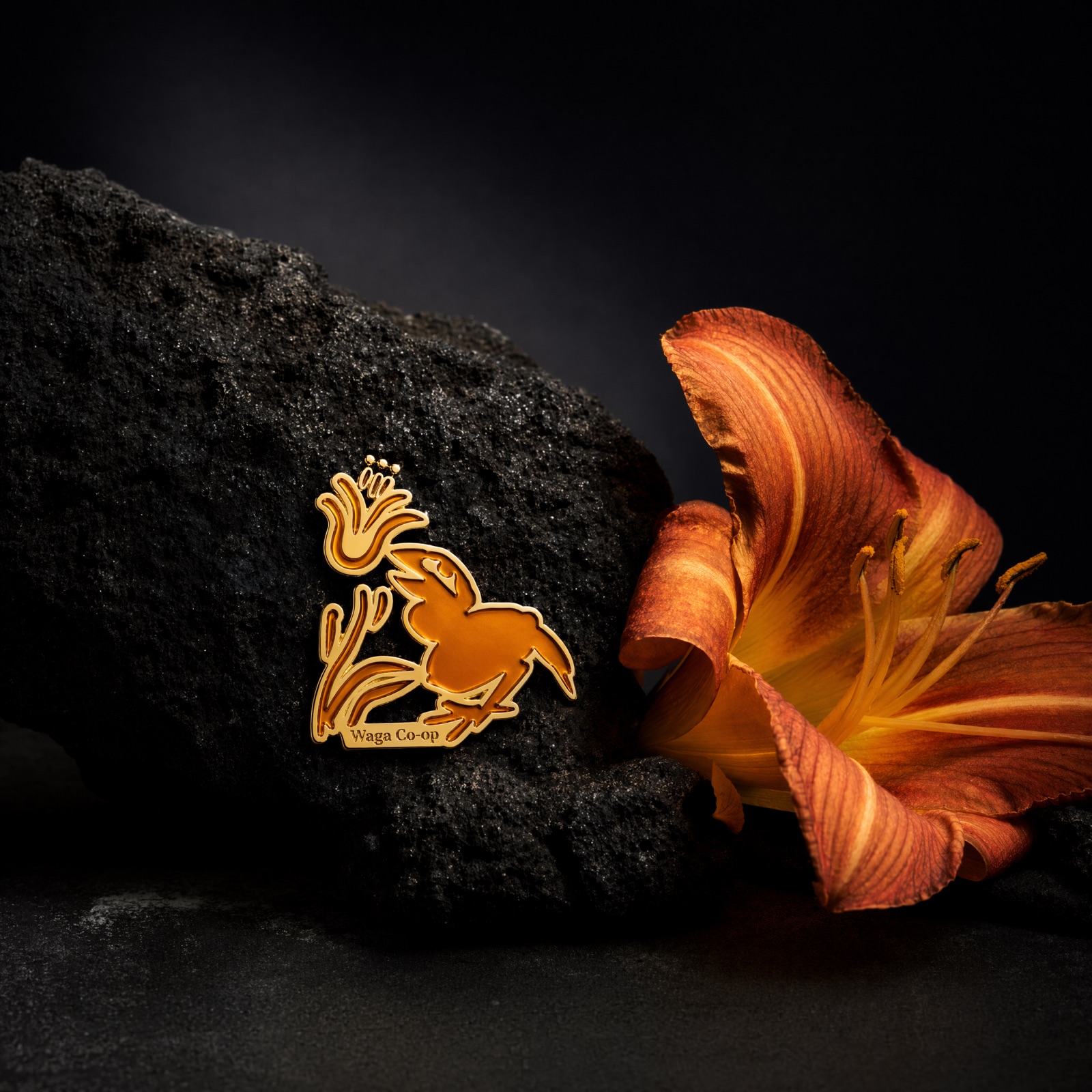 WAGA insignia — a gold enamel pin engraved Waga Co-op, resting on black volcanic rock beside an orange lily